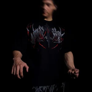 Cyber Network Gothic Dark Cross Print T-Shirt Red Accent Metal Style Oversized Short Sleeve Black Top Gym Routine Power Tops