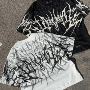 Cyberpunk Streetwear Tshirt Men Women Vintage Heavy Cotton Boxy Fit Distressed Print Tee Urban Hip Hop Goth Unisex Fashion Top