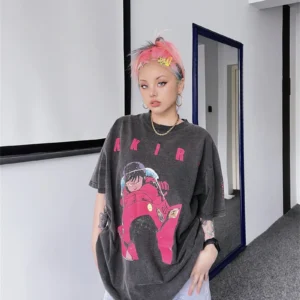 New VTG AKIRA Cyberpunk Cartoon Vintage T-Shirt Summer Washed 100% Cotton Loose High Street Casual Men and Women Short Sleeve