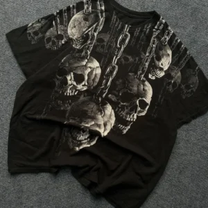 Harajuku Retro Skull Fashion Oversized Cotton T-shirt Men American Street Hip-hop Punk Y2K Goth Casual Loose Short-sleeved Women
