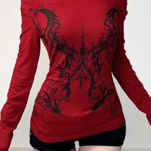 AltGoth Vintage Gothic Red T-shirt Women Harajuku Streetwear Y2k E-girl Cyber Punk Sexy Off The Shoulder Long Sleeve Tee Tops