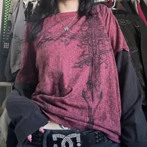 2000s Cross Cyber Goth Patchwork Long Sleeve Tees Y2K Grunge Emo Vintage T-shirt E-girl Gothic Harajuku Loose Tops Women Men