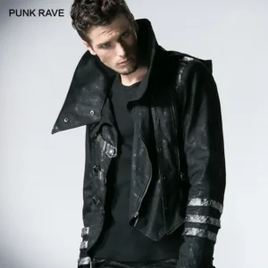 PUNK RAVE Men's Gothic Long Winter Black Adjustable Jackets Punk Style Visual Kei Fashion Coat Hoodie Windbreaker Men