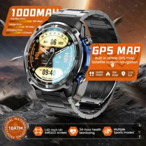 New Men Outdoor GPS Map AMOLED Smart Watch 1000mAh Ultra Large Battery 10ATM Waterproof Bluetooth Call Sports Fitness Smartwatch