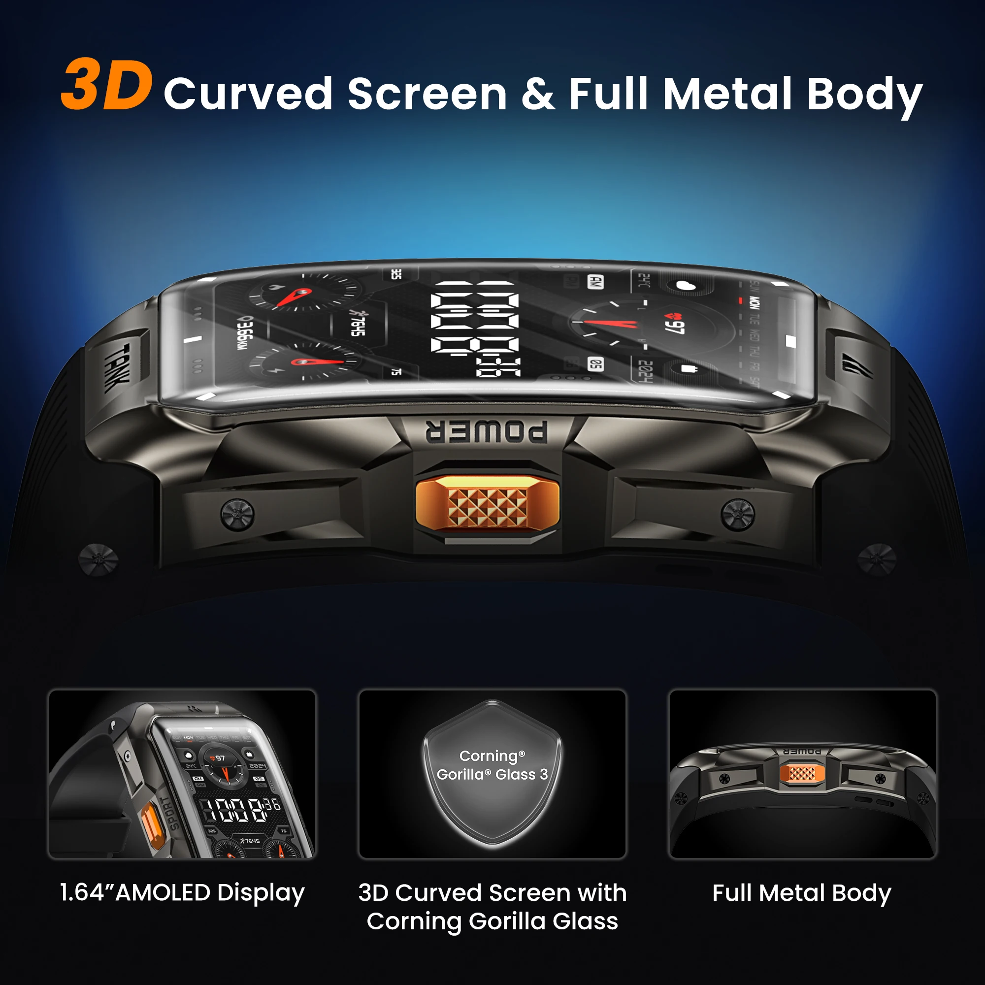 2025 KOSPET TANK X2 Military Smart Watch Men 3D Curved Screen IP69K 5ATM Waterproof 1.64'' AMOLED AI Assistant Bluetooth Call - Image 2