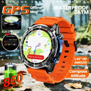 NEW 1.43" AMOLED With GPS Offline Maps Smart Watch 4GB Memory Sports Smartwatch Men 30m Swim Waterproof Bracelet For iOS Android