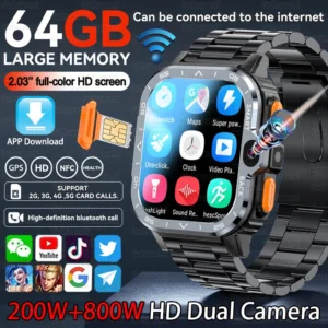 2025 New WiFi 5G SIM Card Smart Watch GPS Navigation HD Dual Camera 64/16GB Memory WiFi Waterproof Telephone Android Smartwatch