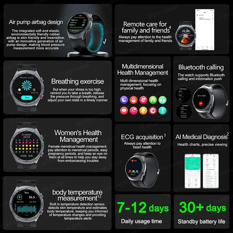 Sapphire Glass AMOLED Blood Pressure Smart Watches ECG Blood Oxygen Blood Pressure Air Pump Sport Health Tracking Smartwatch NFC - Image 2