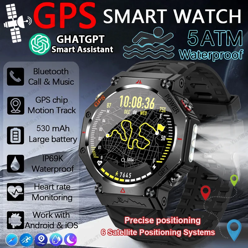 2025 ChatGPT AI assistant GPS Smart Watch 5ATM Waterproof Built-in Dual-band GNSS Compass Military Sport Smartwatch Men Woman