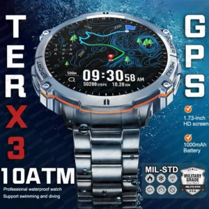 2025 NEW T-Rex3 Outdoor Military GPS Smart Watch 10ATM Waterproof 1.73"HD Screen Compass 1000MAH Heart Rate BT Call Men Watches