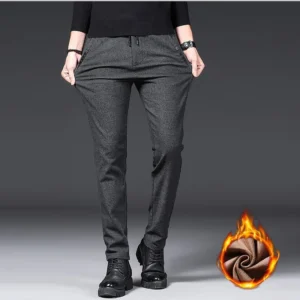 Men Winter Warm Cold Protection Suit Pants Male Fleece Lined Thickened Blazer Pants Comfortable Casual Black Trousers
